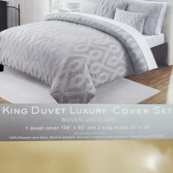 Nicole Miller Woven Jacquard Luxury 3 Piece Geometric King Duvet Cover Set - Picture 6 of 11